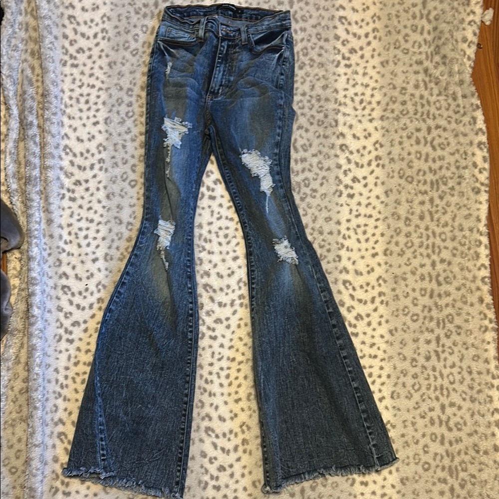 Rue21 Blue Flare Wide Leg Jeans Distressed
